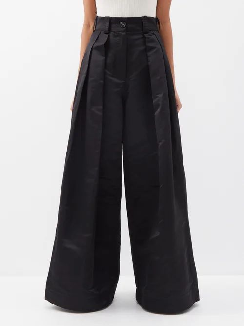 Lily Pleated Wide-leg Cotton-satin Trousers - Womens - Black