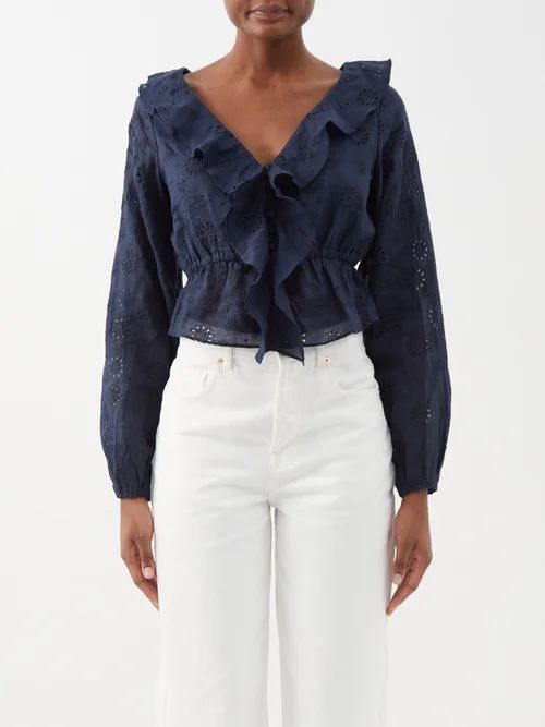 Broderie-anglaise Ruffled Ramie Blouse - Womens - Navy