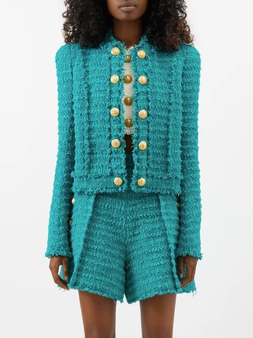 Buttoned Tweed Tailored Jacket - Womens - Turquoise