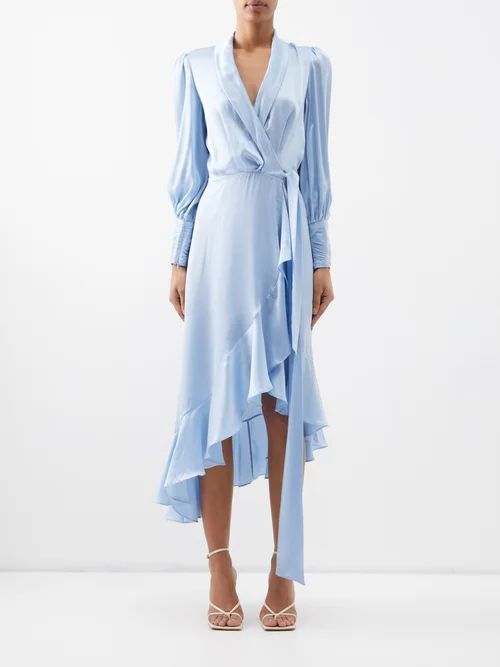 Wrap Silk-satin Midi Dress - Womens - Light Blue