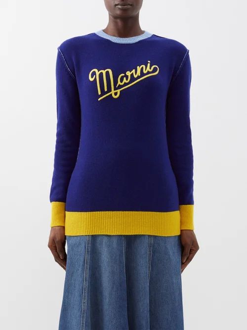 Typography-logo Wool Sweater - Womens - Blue Multi