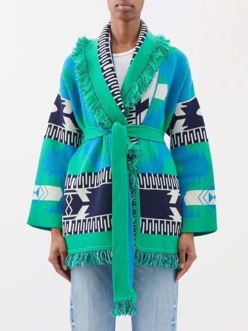 Icon-jacquard Belted Cashmere Cardigan - Womens - Blue Green