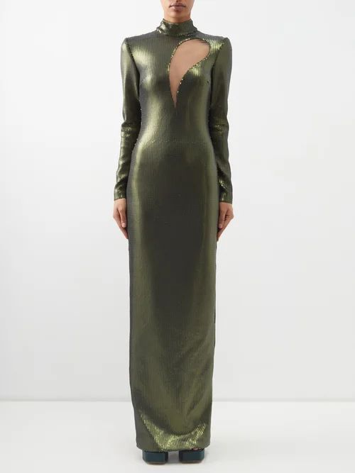 High-neck Cutout Sequinned Gown - Womens - Green