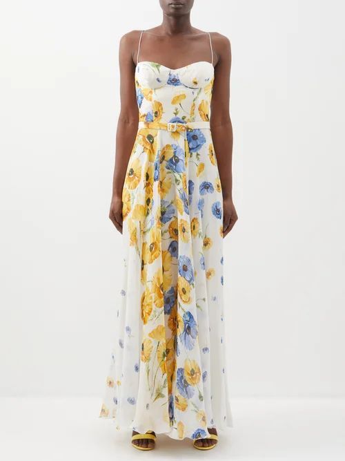 Capri Floral-print Silk-chiffon Maxi Dress - Womens - Yellow Blue