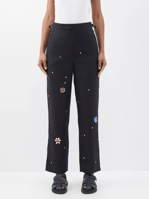 Flower Gem Crystal-embellished Linen Trousers - Womens - Black Multi