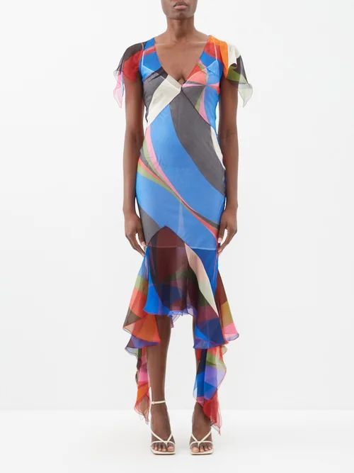 Asymmetric Printed Silk-crepon Midi Dress - Womens - Multi