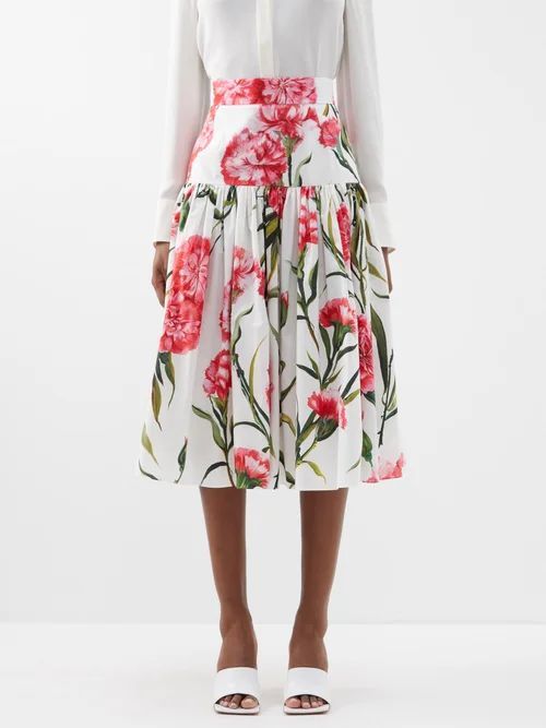 Happy Garden Carnation-print Poplin Skirt - Womens - White Print