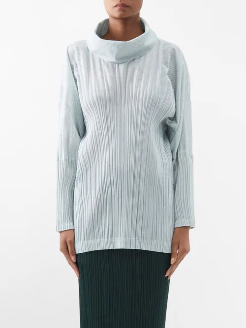 Roll-neck Technical-pleated Top - Womens - White Blue