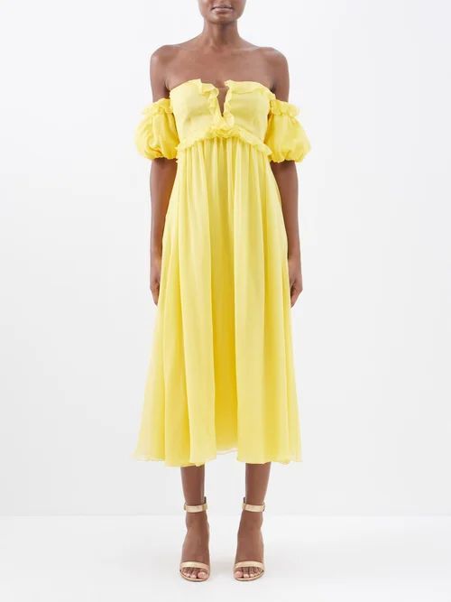 Off-the-shoulder Silk-georgette Midi Dress - Womens - Yellow