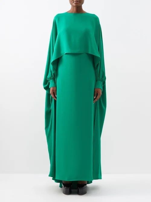 Caped-shoulder Silk-cady Gown - Womens - Green
