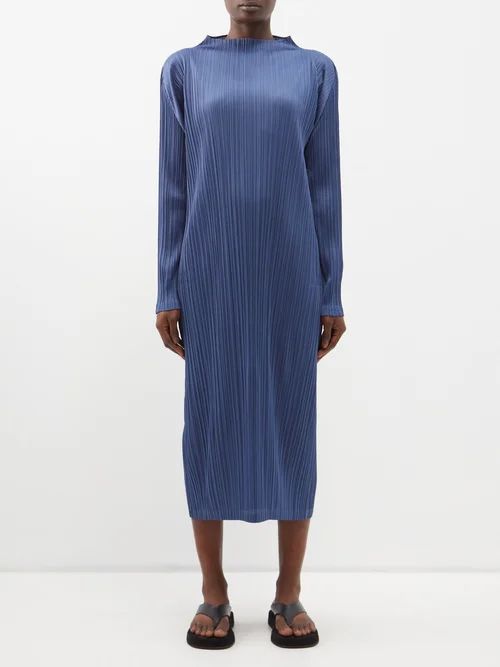 High-neck Technical-pleated Midi Dress - Womens - Blue
