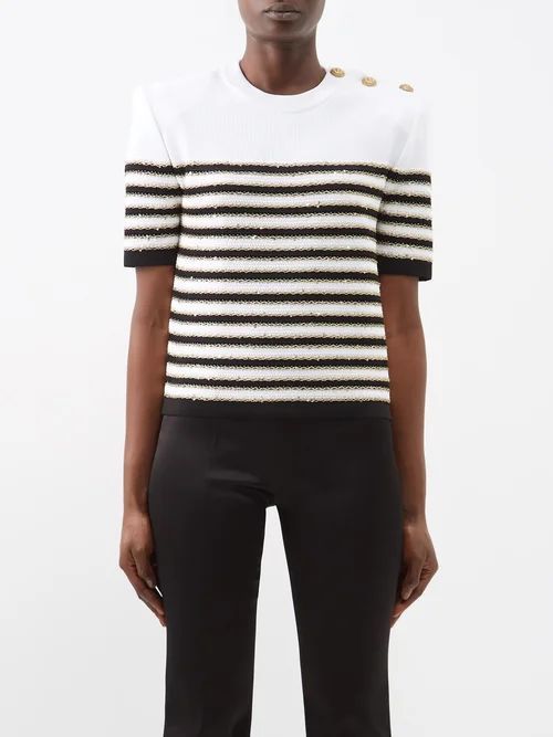 Embroidered Striped-knit Top - Womens - Black Stripe
