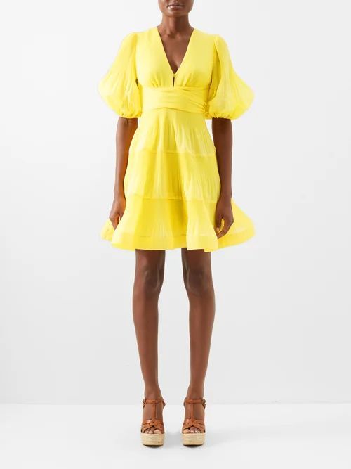 Pleated Puff-sleeve Mini Dress - Womens - Yellow