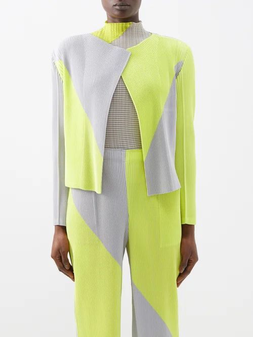 Colour-block Technical-pleated Cardigan - Womens - Yellow Grey