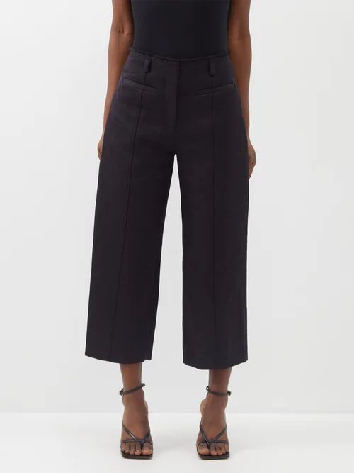 Cropped Floral-jacquard Cotton-blend Trousers - Womens - Black