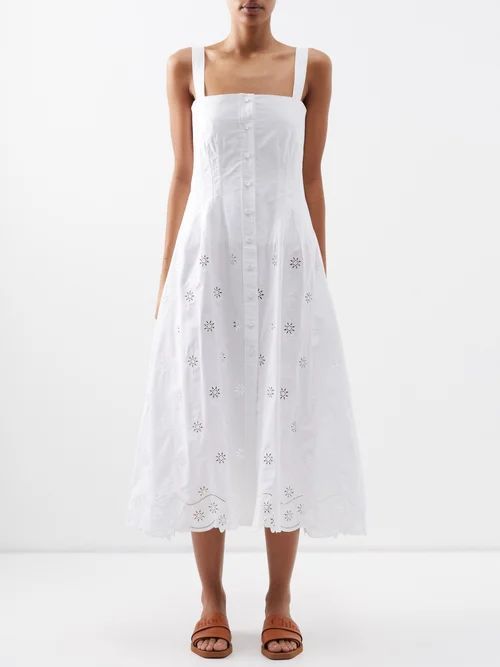 Broderie-anglaise Cotton Poplin Dress - Womens - White