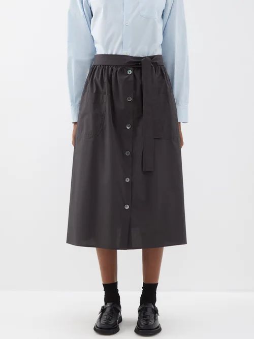 Violeta Belted Buttoned Cotton Midi Skirt - Womens - Dark Grey