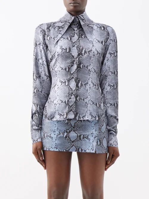 Ione Python-print Satin Shirt - Womens - Grey Multi