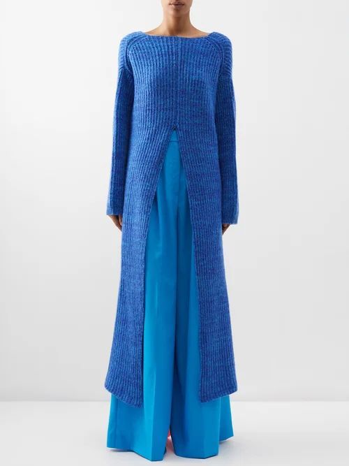 Split-front Longline Merino Sweater - Womens - Blue Multi