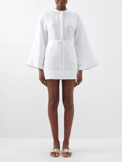 Karlee Flared-sleeve Linen-gauze Mini Dress - Womens - White