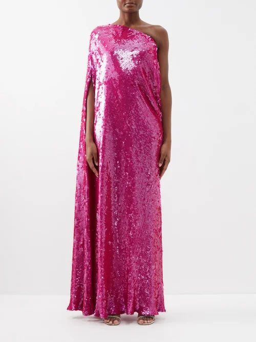 One-shoulder Sequinned-georgette Gown - Womens - Magenta
