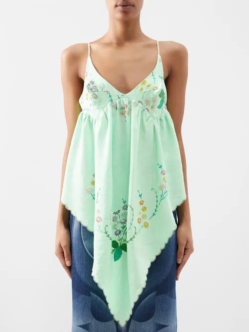 Floral-embroidery Upcycled-cotton Cami Top - Womens - Light Green