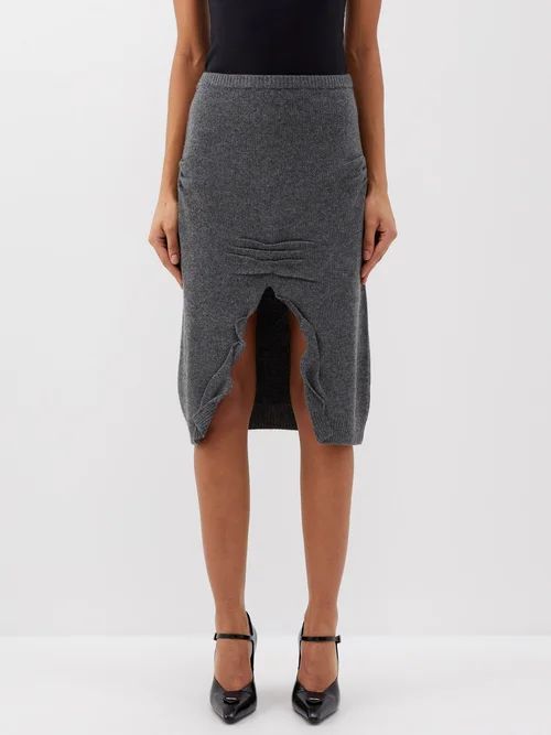 High-rise Front-slit Wool-blend Midi Skirt - Womens - Grey