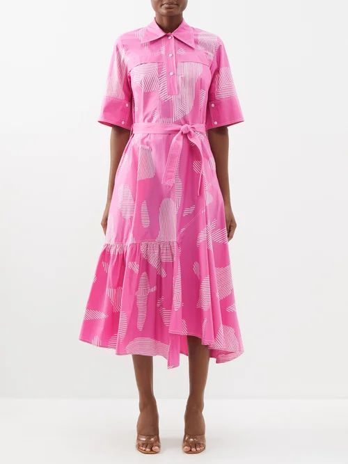 Asymmetric Cotton-poplin Shirt Dress - Womens - Pink White