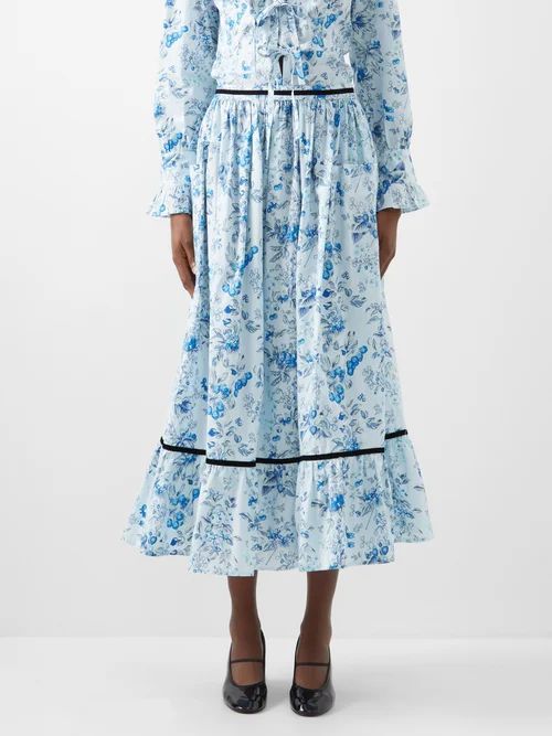 X Laura Ashley Kipp Printed Cotton Midi Skirt - Womens - Blue Multi
