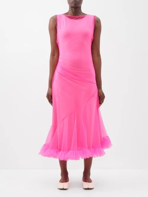 Jaz Ruffle-trim Tulle Midi Dress - Womens - Neon Pink