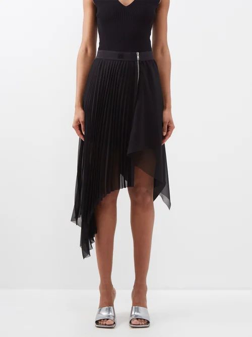 Asymmetric Pleated Chiffon Midi Skirt - Womens - Black