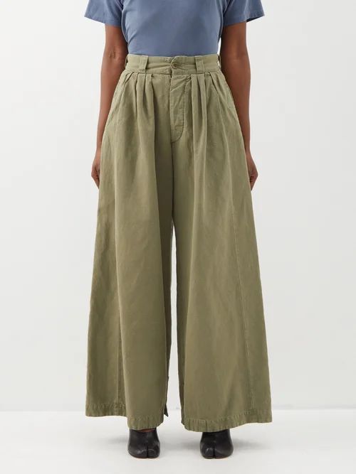 Wide-leg Pleated Cotton-blend Trousers - Womens - Khaki