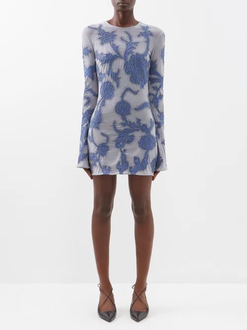 Elaria Floral-embroidered Nylon Blend Mini Dress - Womens - Blue