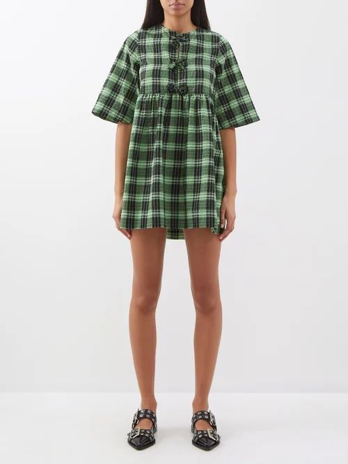 Checked Organic Cotton-blend Seersucker Mini Dress - Womens - Green Multi