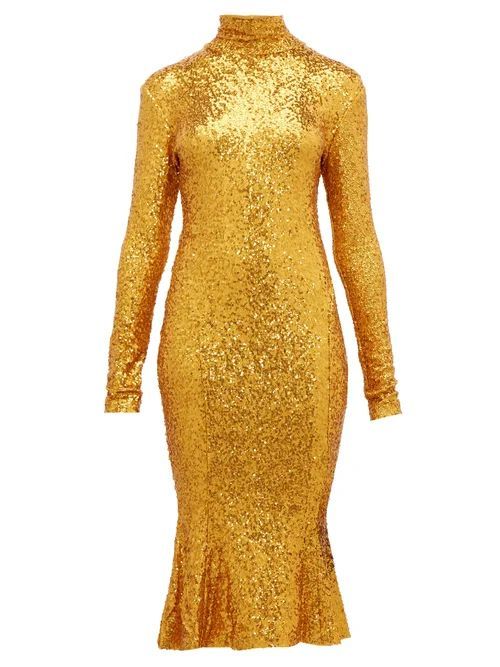 High-neck Sequinned Fishtail-hem Dress - Womens - Gold