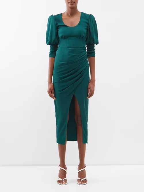 Puff-sleeve Corseted Crepe Midi Dress - Womens - Dark Green