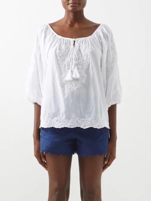 Boho Floral-embroidered Cotton Blouse - Womens - White