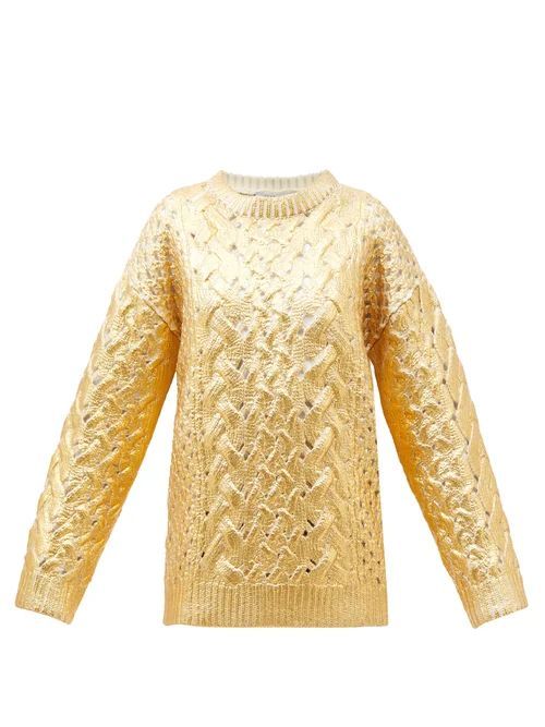 Lace-knitted Laminated-wool Sweater - Womens - Gold