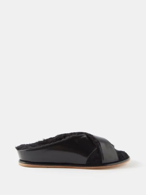 Ellington Shearling And Patent-leather Slides - Womens - Black
