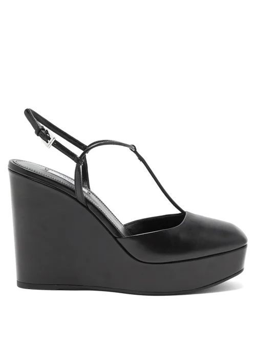 Square-toe T-bar Leather Wedges - Womens - Black
