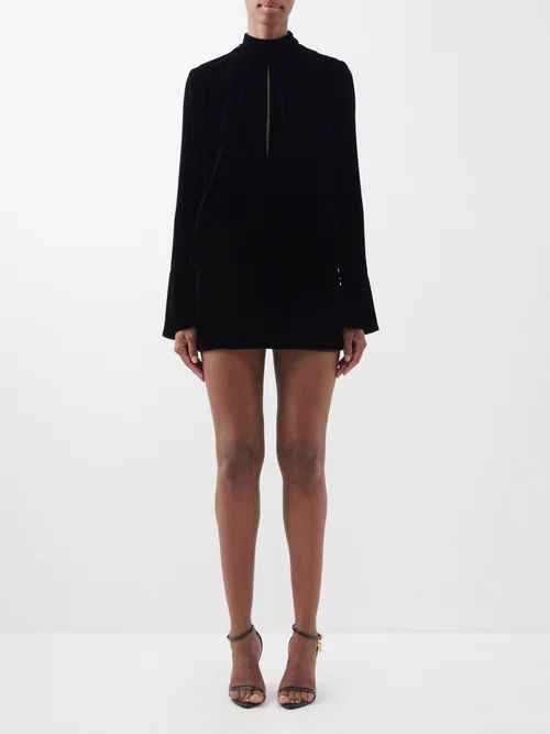 Keyhole-front Velvet Mini Dress - Womens - Black