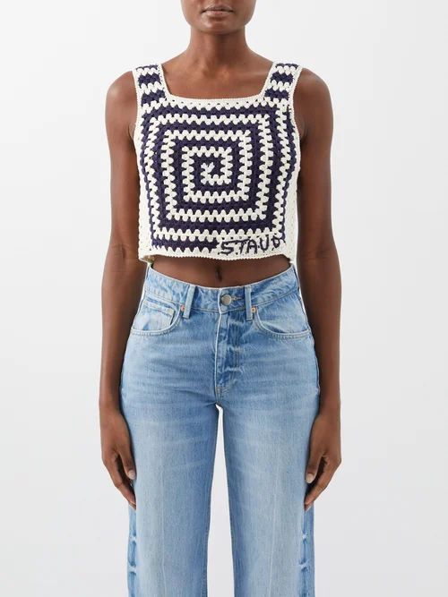 Nickel Square-neck Crocheted Crop Top - Womens - Blue White