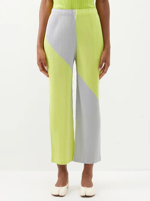 Colour-block Technical-pleated Trousers - Womens - Yellow Grey