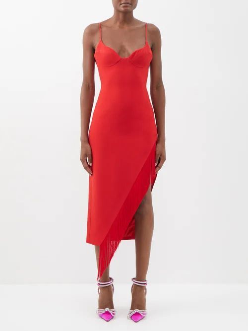 Fringed Asymmetric Jersey Dress - Womens - Red