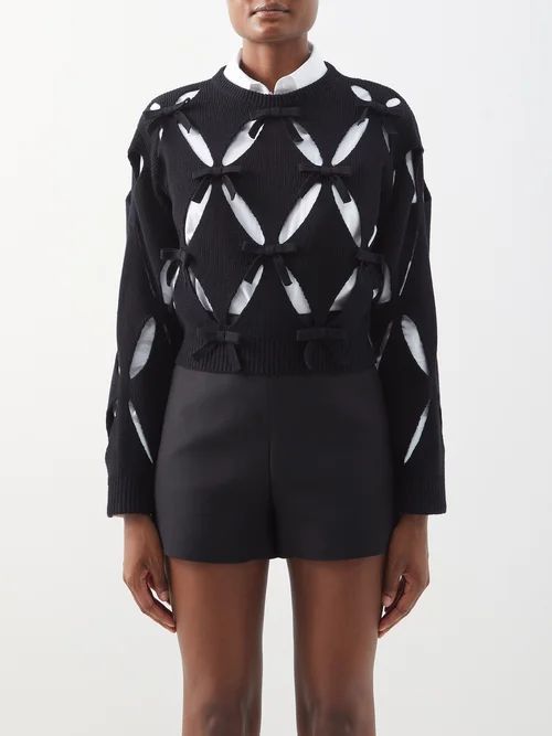 Bow-appliqué Cutout Wool Cropped Sweater - Womens - Black