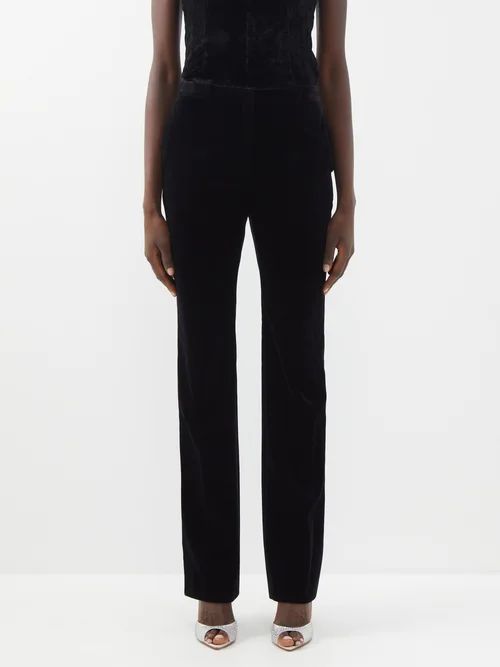High-rise Cotton-velvet Trousers - Womens - Black