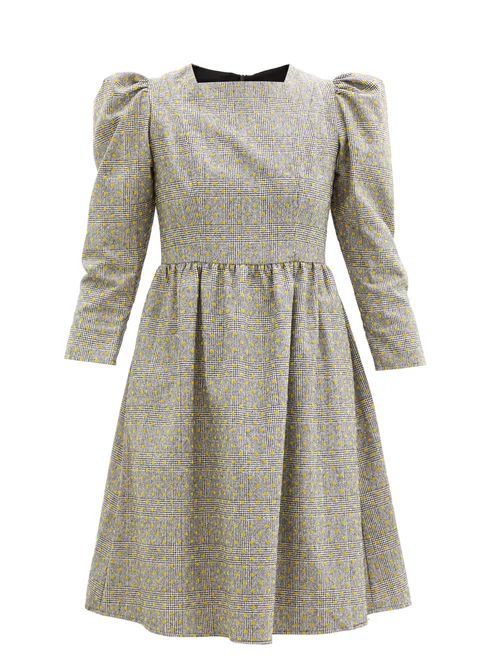 Puffed-sleeve Flocked Check Wool Mini Dress - Womens - Grey