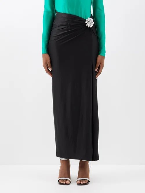Crystal-brooch Satin Wrap Skirt - Womens - Black