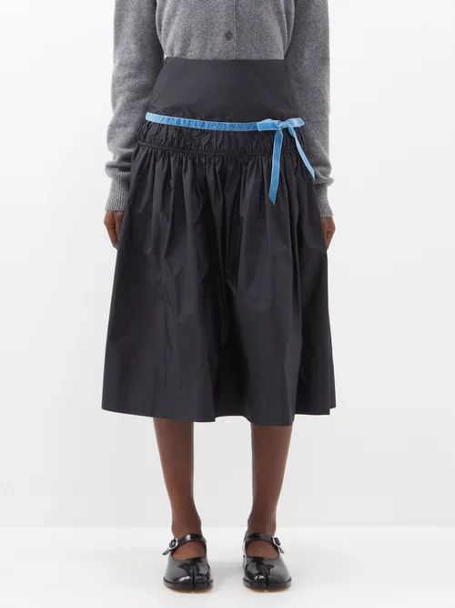 Harlow Velvet-trim Shirred Taffeta Midi Skirt - Womens - Black Blue
