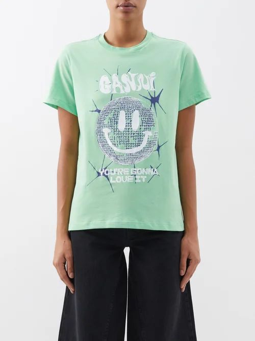 Disco Smiley-print Organic Cotton-jersey T-shirt - Womens - Light Green